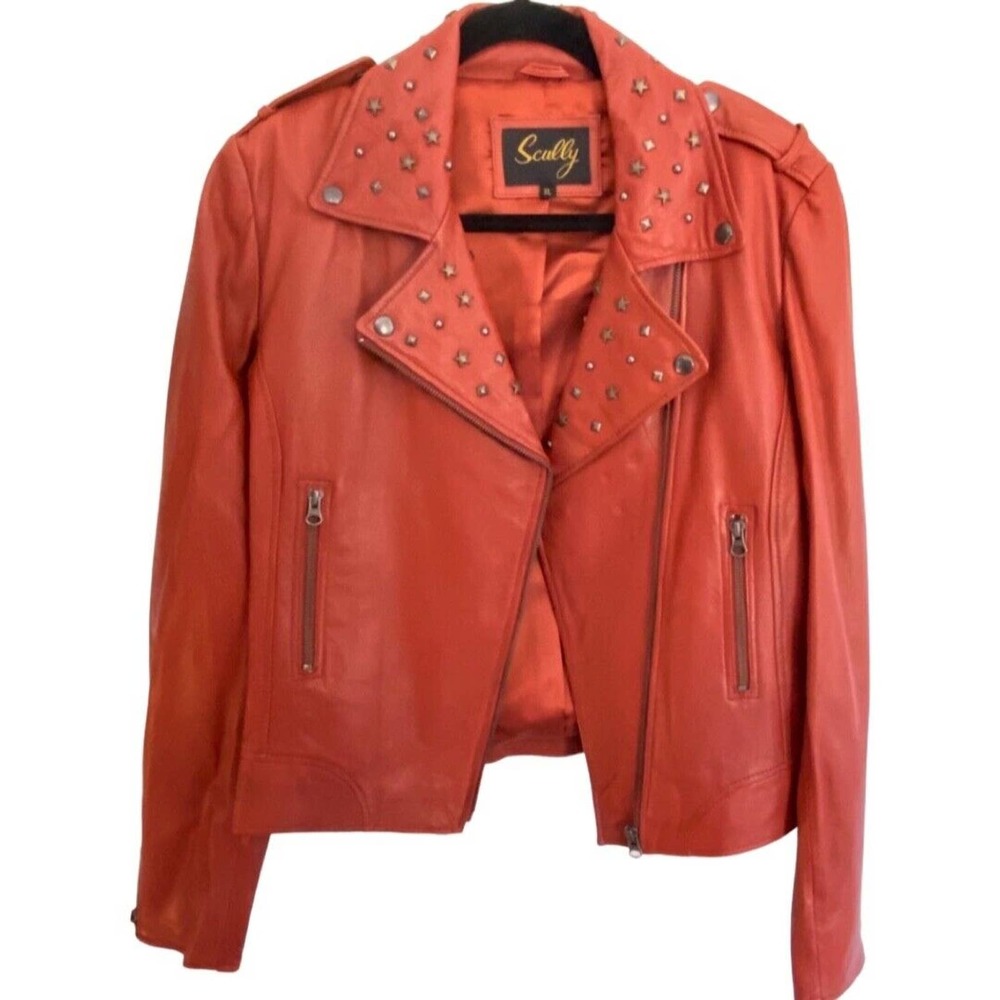 SCULLY Women's STUDDED COLLAR Red Lambskin Moto JKT MSRP $350 Size XL